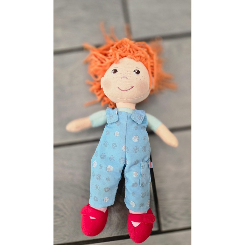 HABA Soft Plush Doll Orange Yarn Hair Blue Patterned Jumper Red Shoes 302101